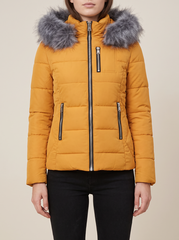 Suki puffer jacket, mustard, front view