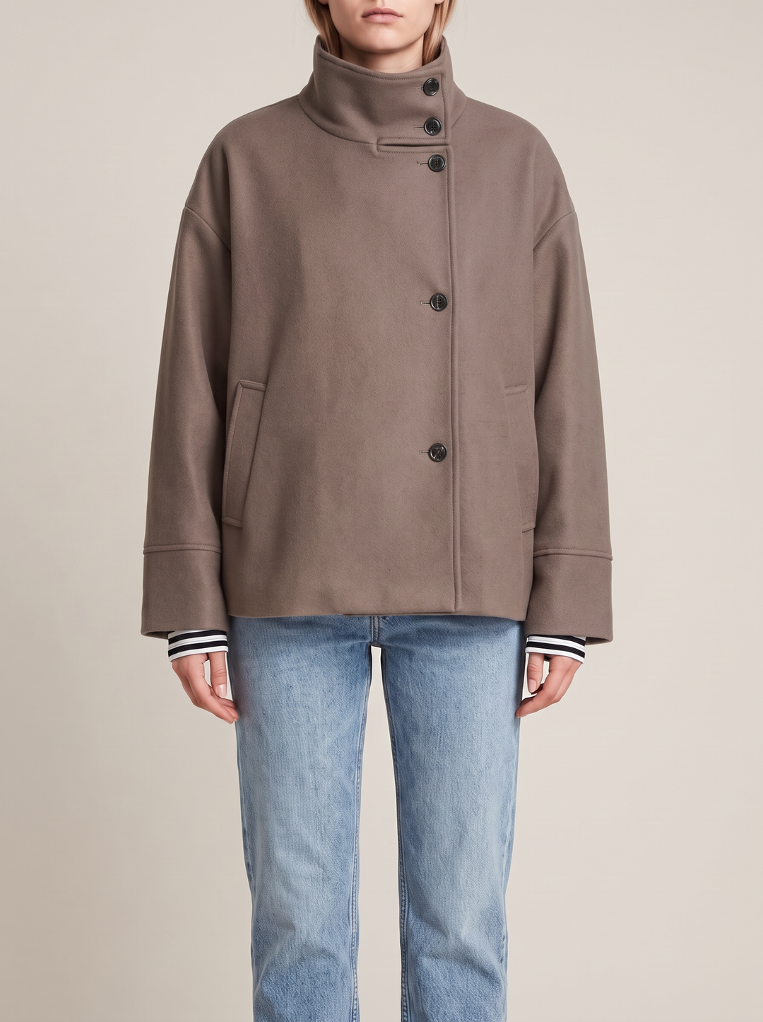 Freya coat, taupe, front view