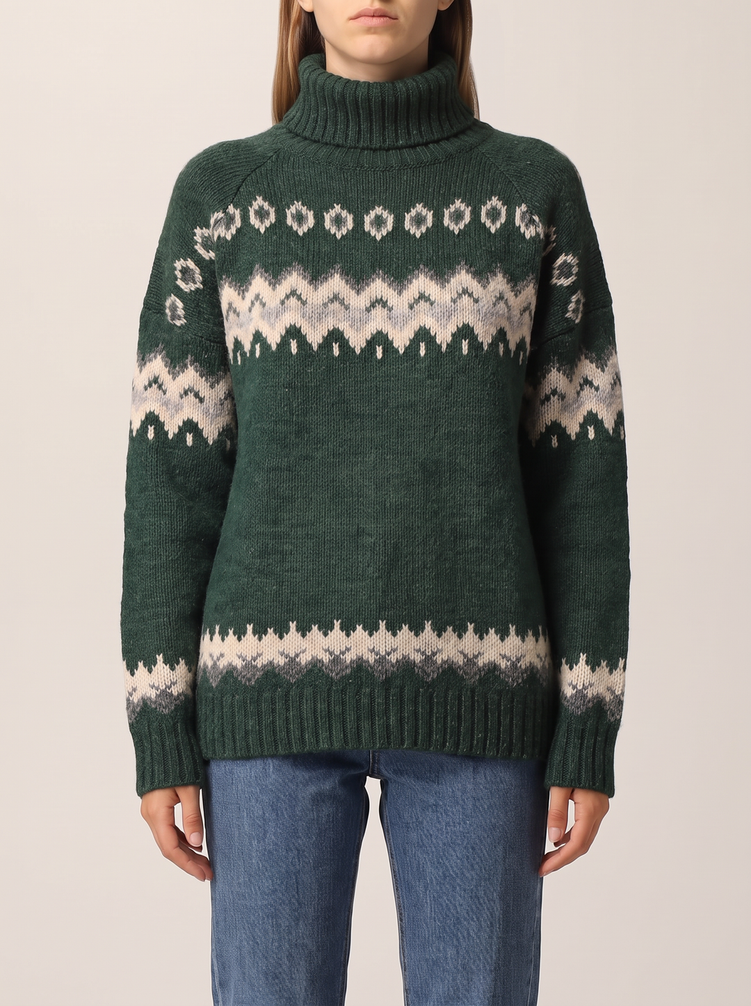 Sienna fair isle sweater, dark green, front view