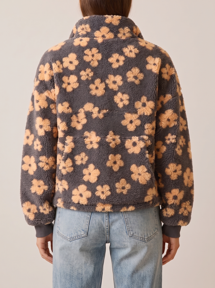 Daisy quarter zip sweater, charcoal/peach, back view