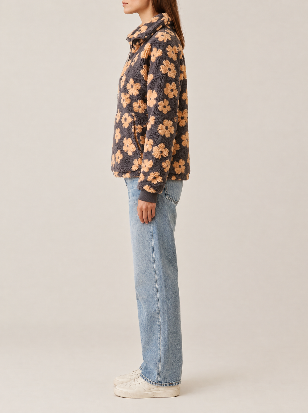 Daisy quarter zip sweater, charcoal/peach, side view