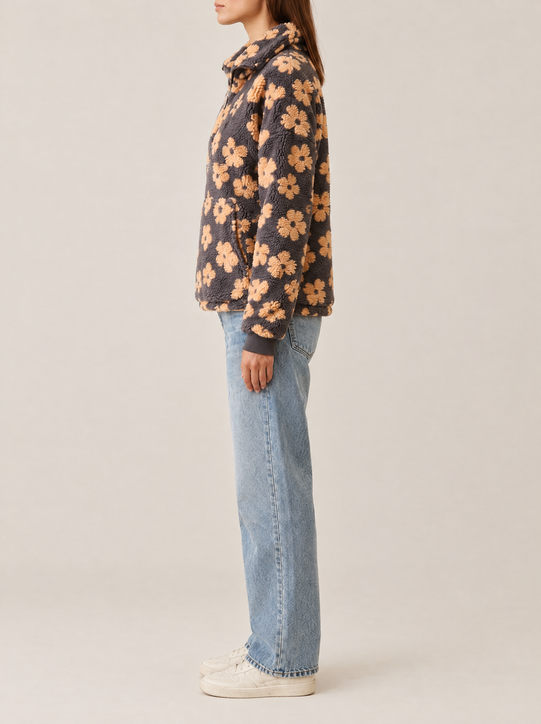 Daisy quarter zip sweater, charcoal/peach, side view