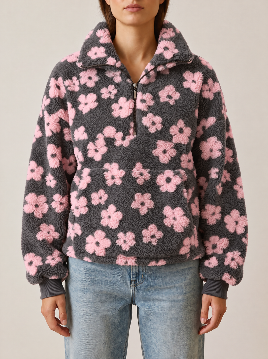Daisy quarter zip sweater, charcoal/pink, front view