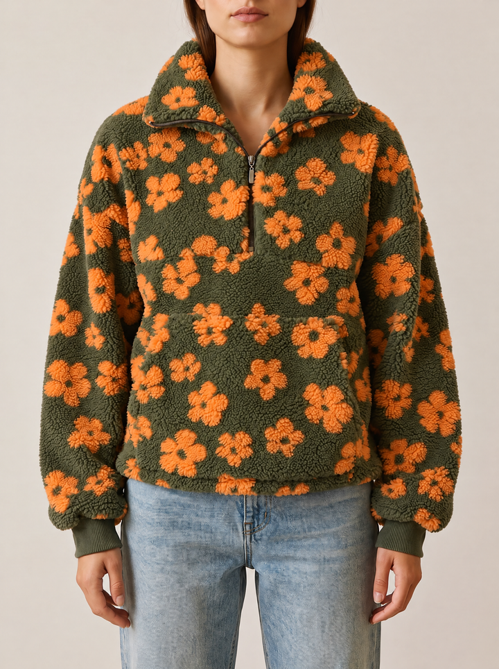 Daisy quarter zip sweater, olive/orange, front view