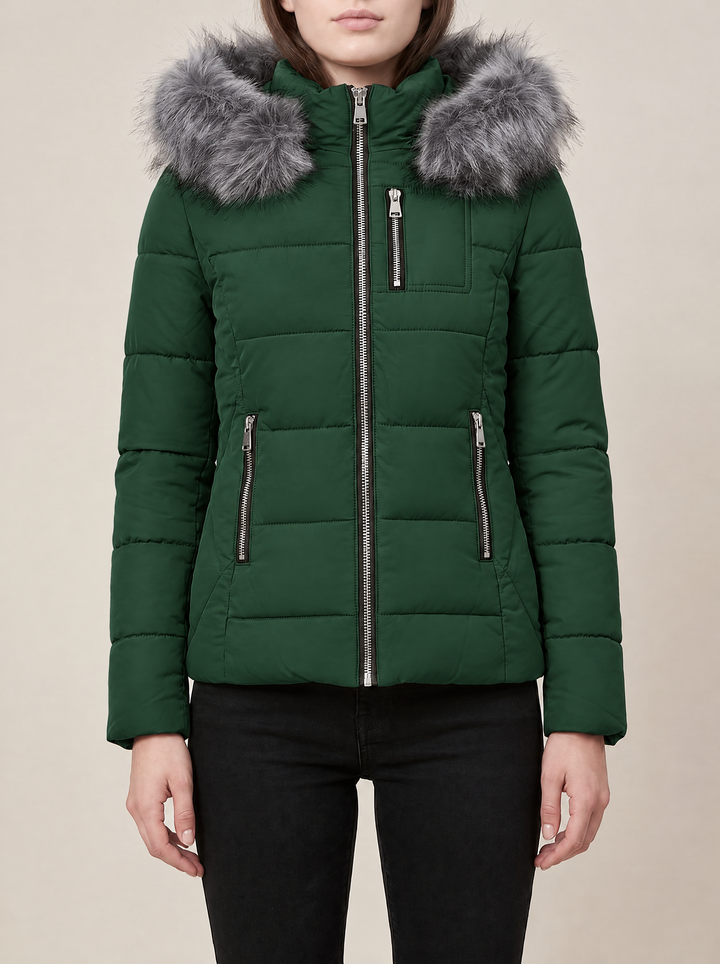 Suki puffer jacket, dark green, front view