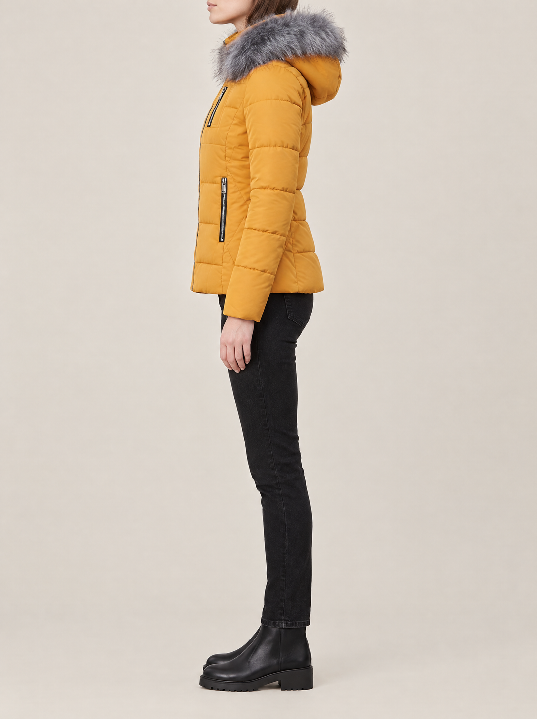 Suki puffer jacket, mustard, side view