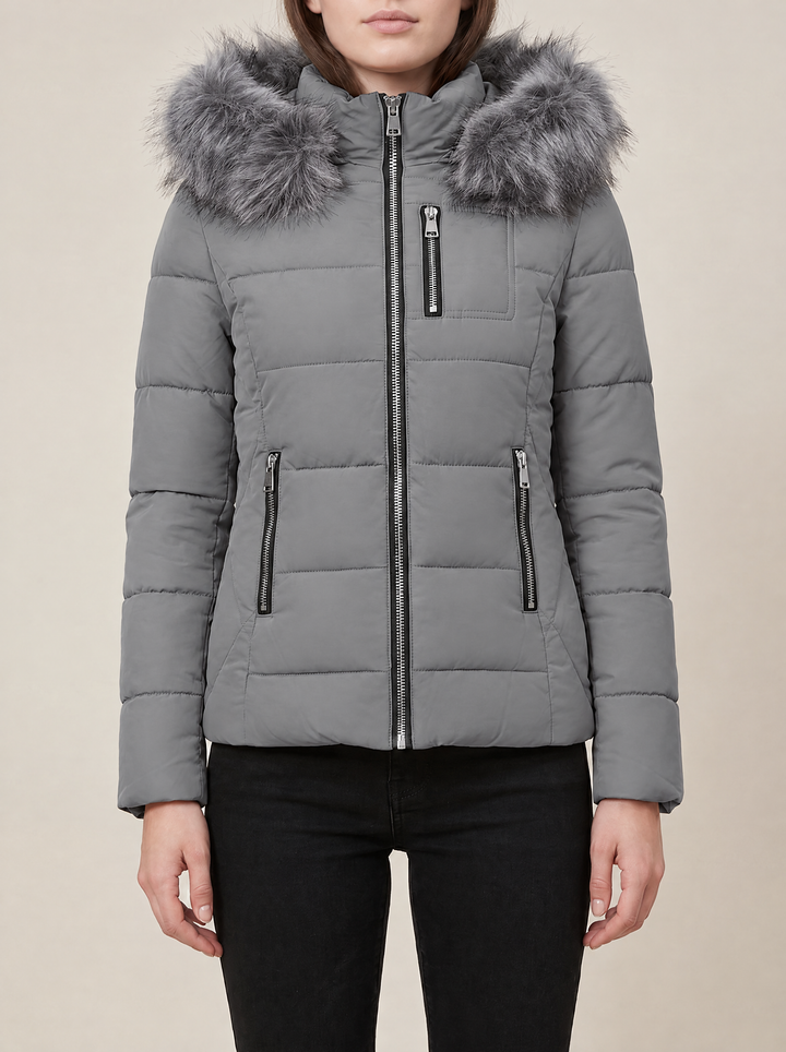 Suki puffer jacket, gray, front view
