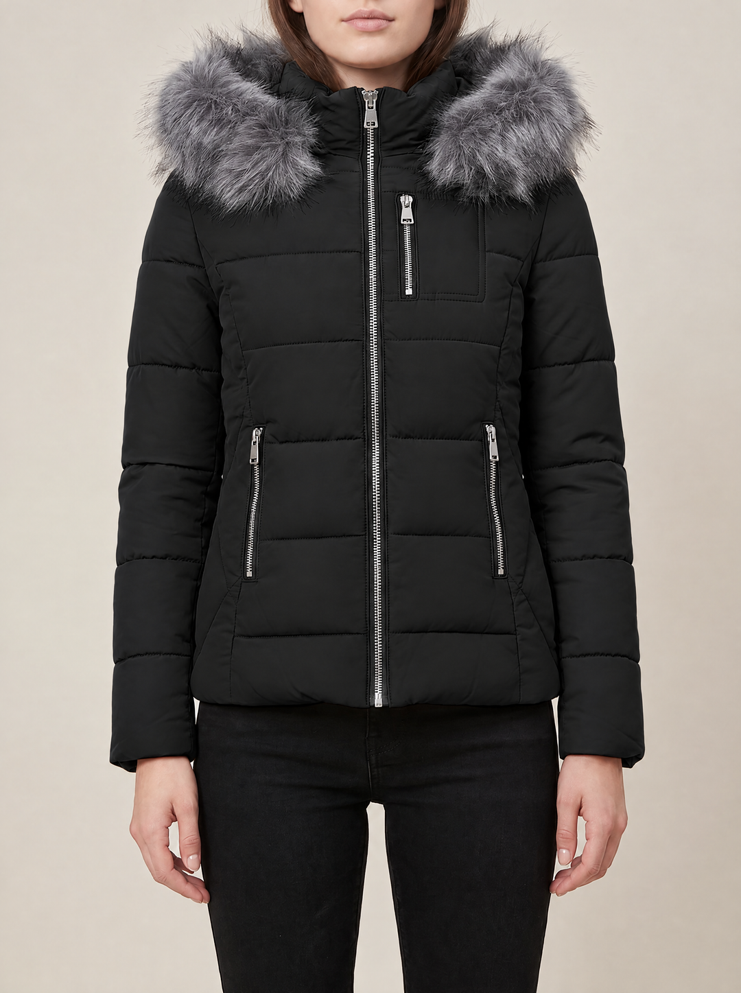 Suki puffer jacket, black, front view
