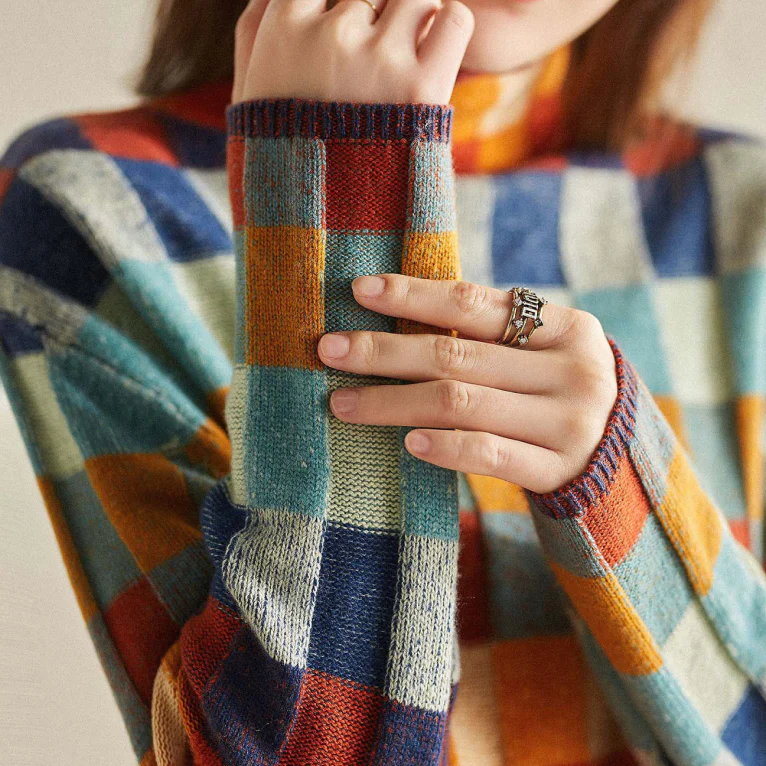 Thea | Patchwork Check Knit Sweater with Mock Neck