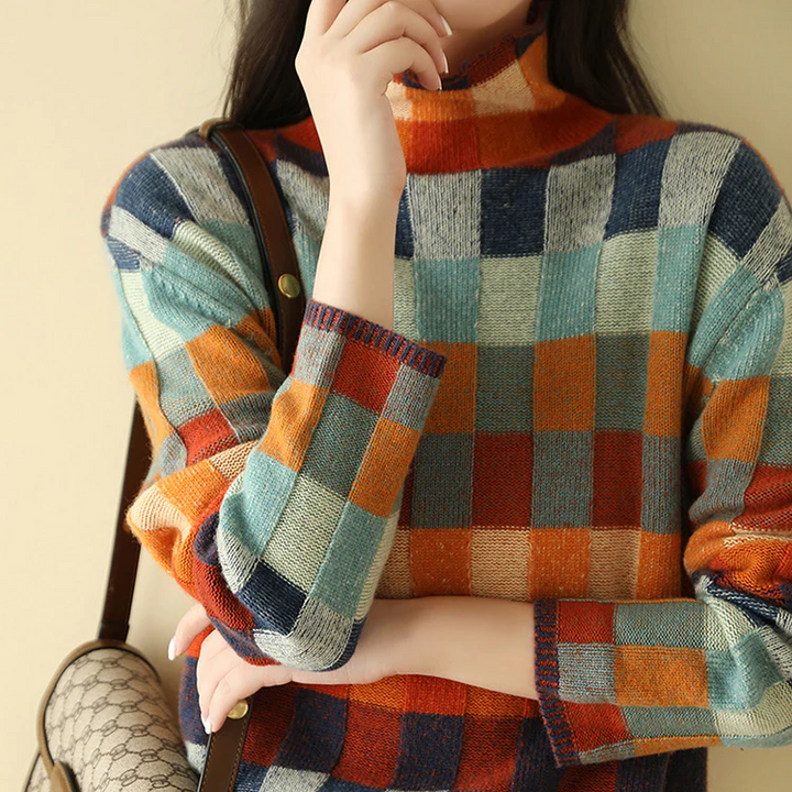 Thea | Patchwork Check Knit Sweater with Mock Neck