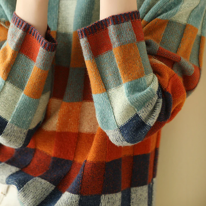 Thea | Patchwork Check Knit Sweater with Mock Neck