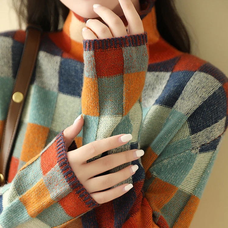 Thea | Patchwork Check Knit Sweater with Mock Neck