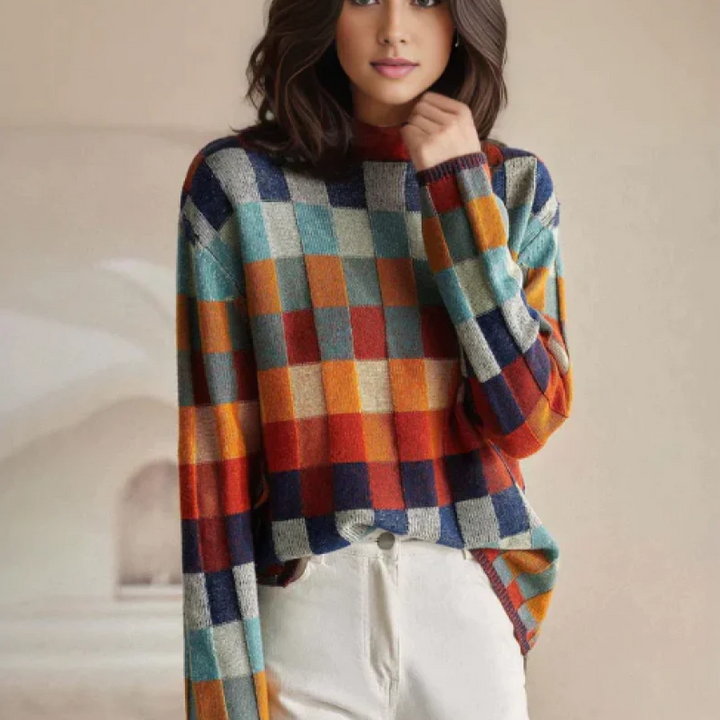 Thea | Patchwork Check Knit Sweater with Mock Neck
