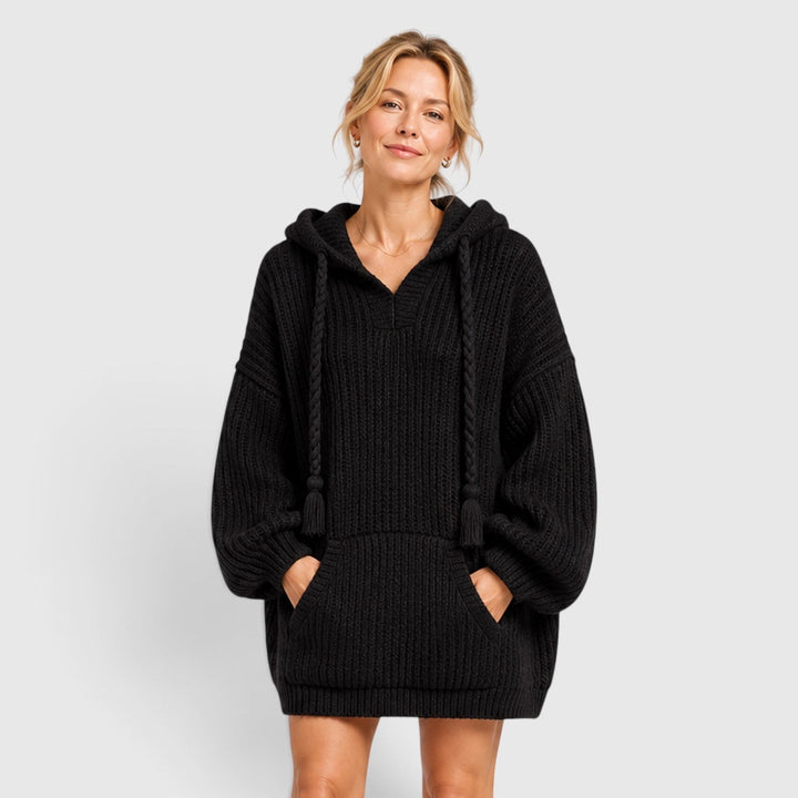 Nyla | Oversized Ribbed Knit Hoodie with V Neck