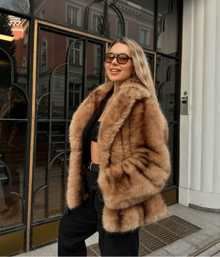 Fiona | Brown Faux Fur Coat with Turndown Collar