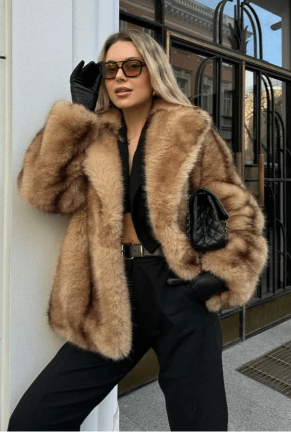 Fiona | Brown Faux Fur Coat with Turndown Collar