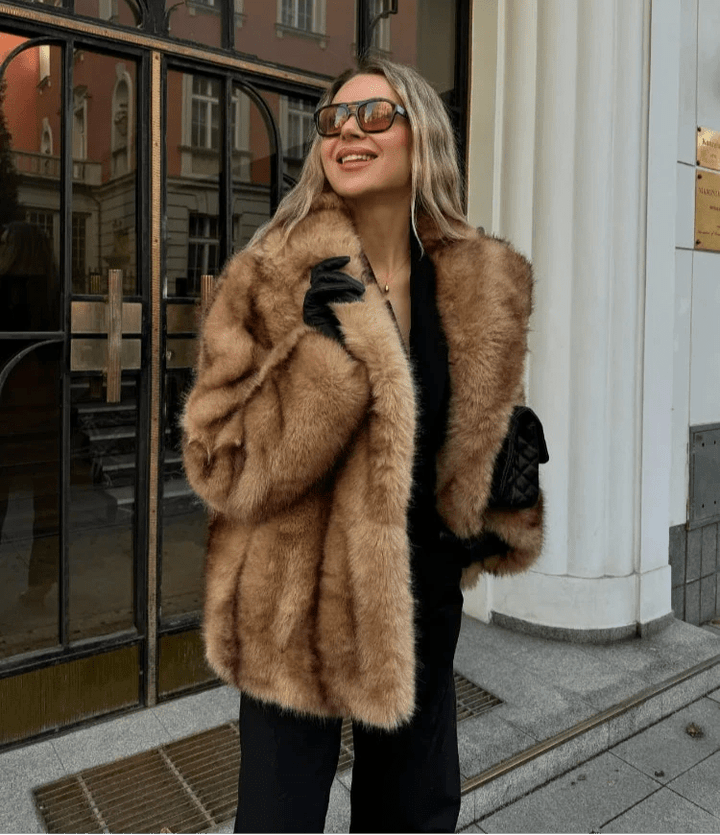 Fiona | Brown Faux Fur Coat with Turndown Collar