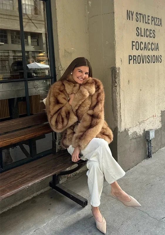 Fiona | Brown Faux Fur Coat with Turndown Collar