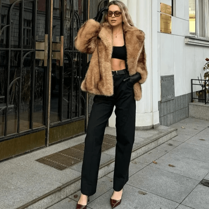 Fiona | Brown Faux Fur Coat with Turndown Collar