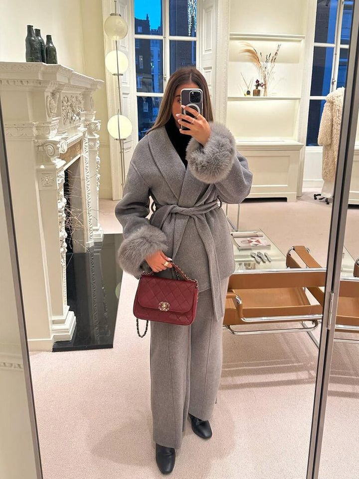 Grace | Belted Wool Coat with Faux Fur Cuffs