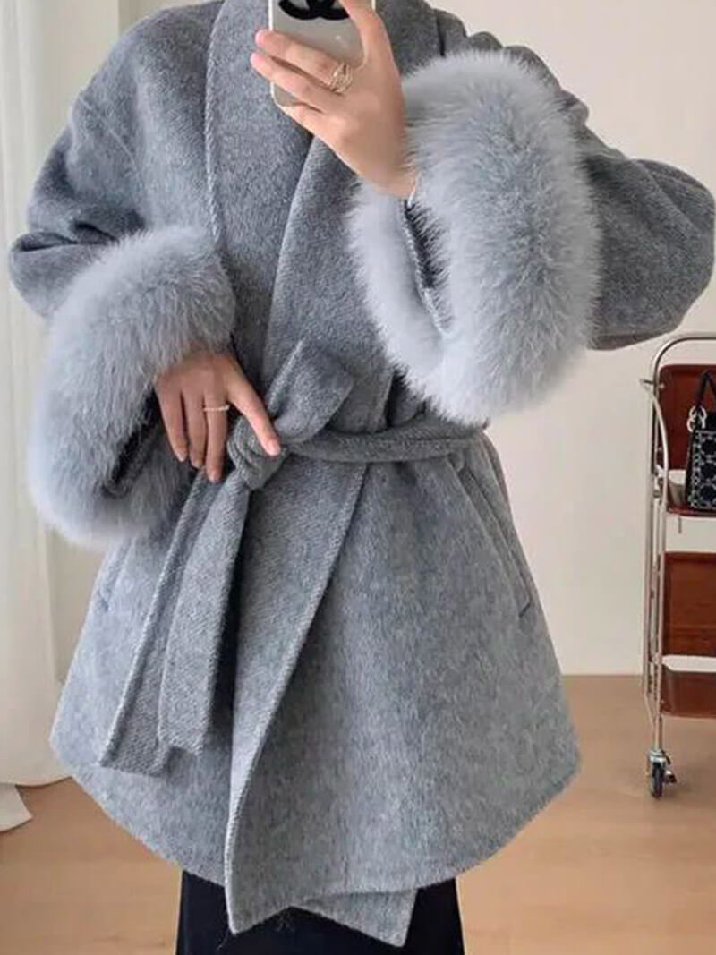 Wool Coat for Women – Belted Wrap with Faux Fur Cuffs – NOBLD
