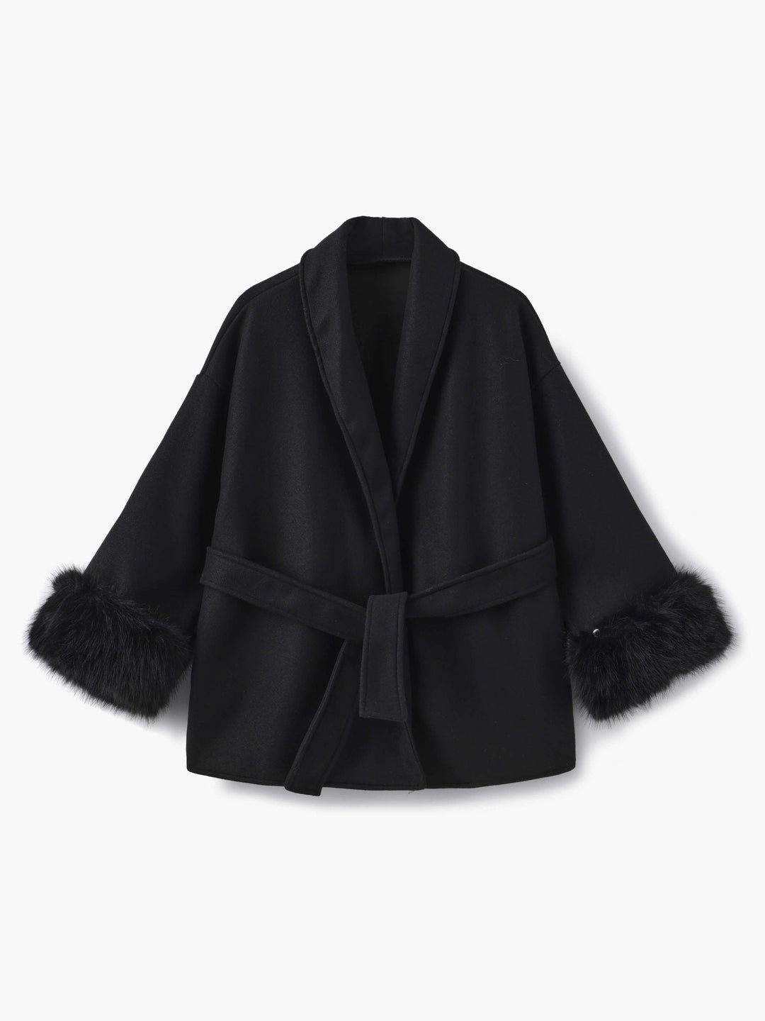 Grey Order Code Wool Coat for Women – Belted Wrap with Faux Fur Cuffs – NOBLD