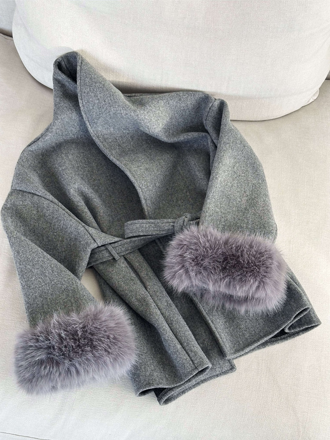 Wool Coat for Women – Belted Wrap with Faux Fur Cuffs – NOBLD