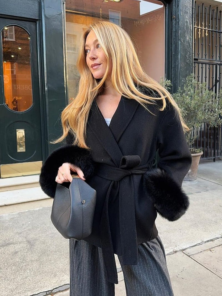 Grace | Belted Wool Coat with Faux Fur Cuffs