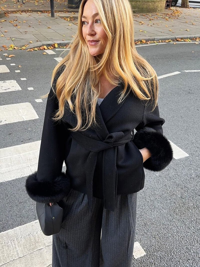 Grace | Belted Wool Coat with Faux Fur Cuffs