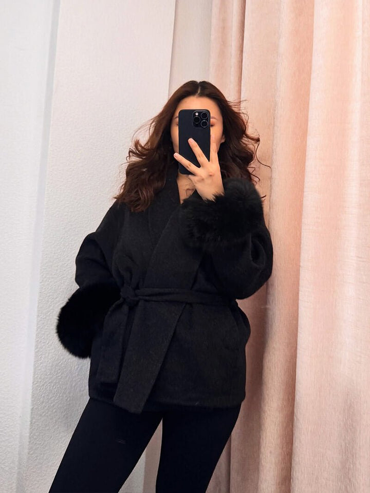 Grace | Belted Wool Coat with Faux Fur Cuffs