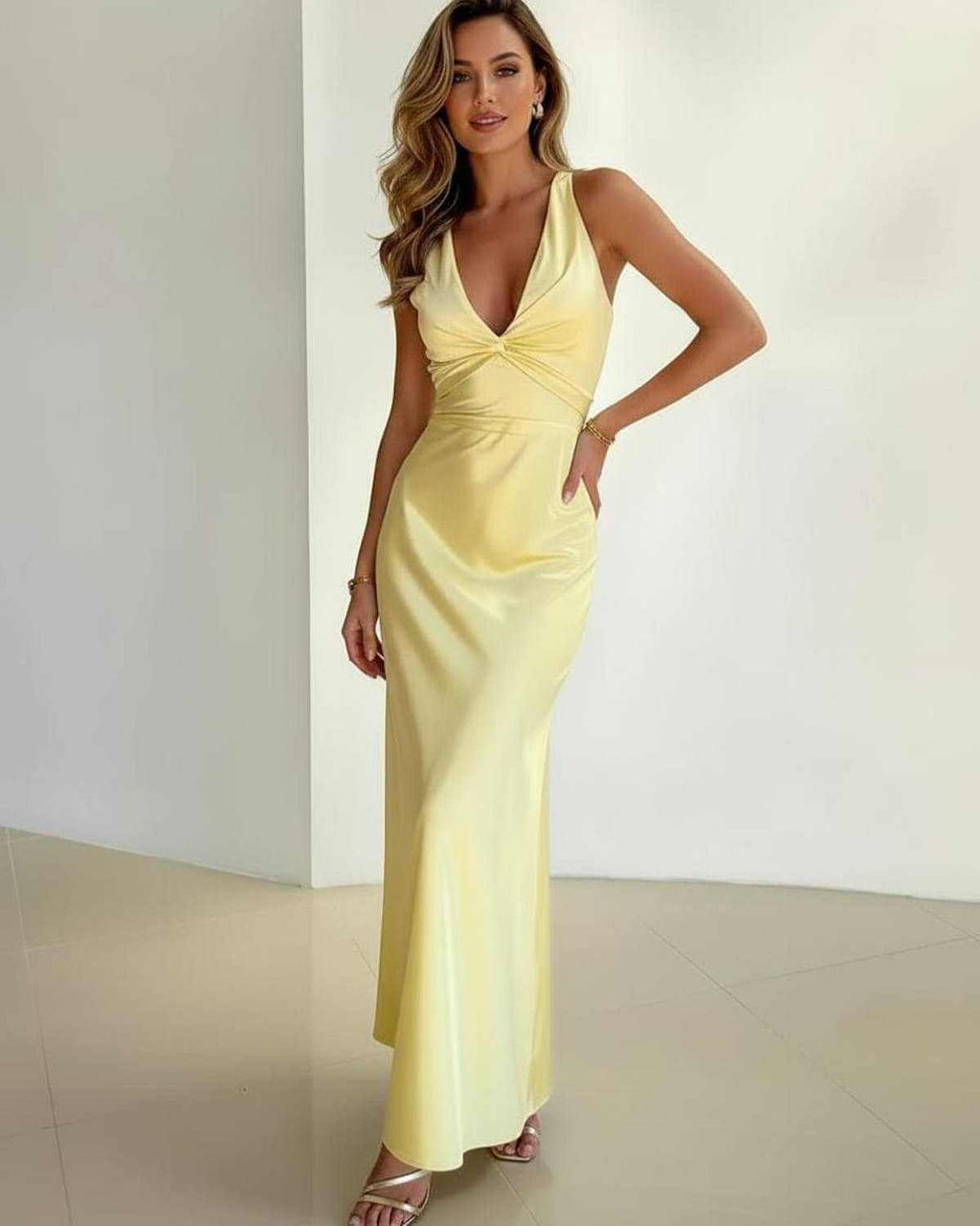 V-Neck Sleeveless Satin A-Line Dress