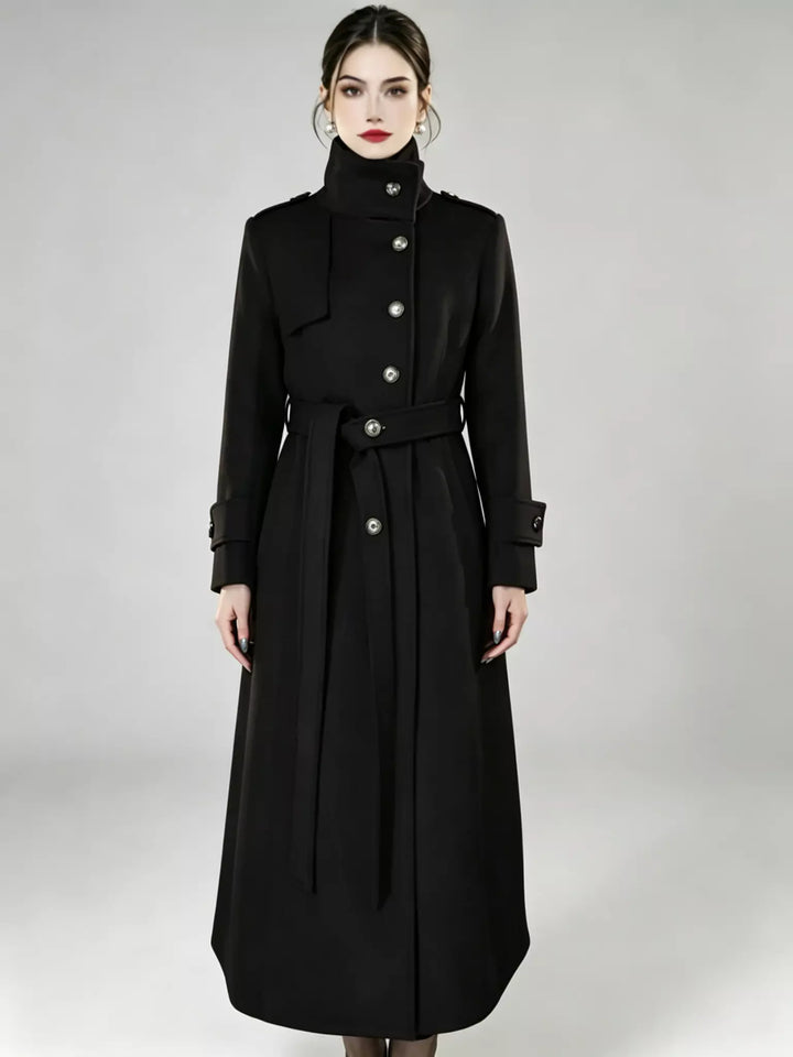 Black long trench coat with stand collar
